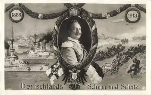 Passepartout Ak Kaiser Wilhelm II., Zeppelin, Deutsches Kriegsschiff, Deutschlands Schirm und Schutz