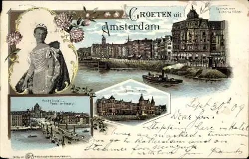 Litho Amsterdam Nordholland Niederlande, Damrak, Victoria Hotel, Zentralbahnhof, Königin Wilhelmina