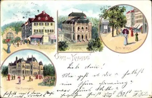 Litho Karlovy Vary Karlsbad Stadt, Alte Wiese, Theater, Schillerhaus, Kaiserbad