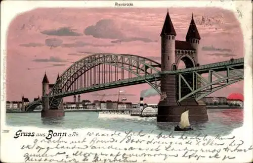 Litho Bonn am Rhein, Rheinbrücke, Dampfer