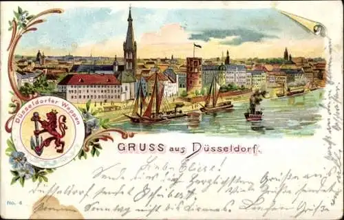 Litho Düsseldorf am Rhein, Wappen, Teilansicht, Segelboote