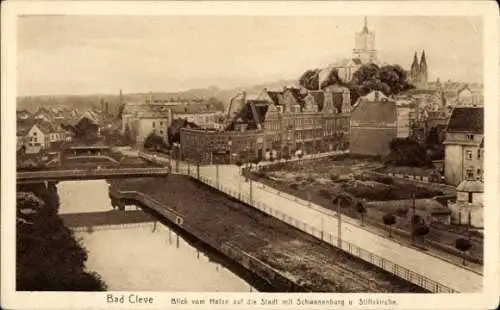 Ak Kleve am Niederrhein, Blick vom Hafen auf die Stadt mit Schwanenburg, Stiftskirche