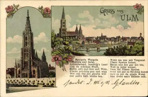 Litho Ulm an der Donau, Panorama, Kirche, Gedicht