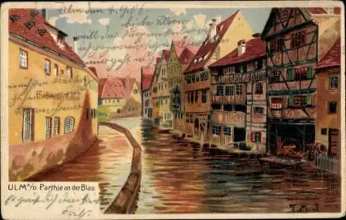 Künstler Litho Ulm an der Donau, Häuser an der Blau, Gebrüder Nathan