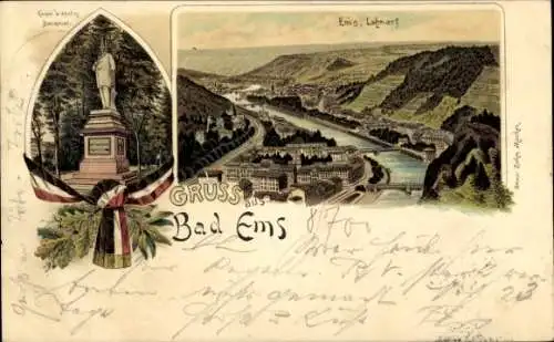 Litho Bad Ems an der Lahn, Kaiser Wilhelm Denkmal, Blick lahnaufwärts