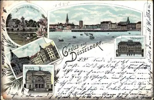 Litho Düsseldorf am Rhein, Brunnen in der Königsallee, Markt, Kunsthalle, Ständehaus