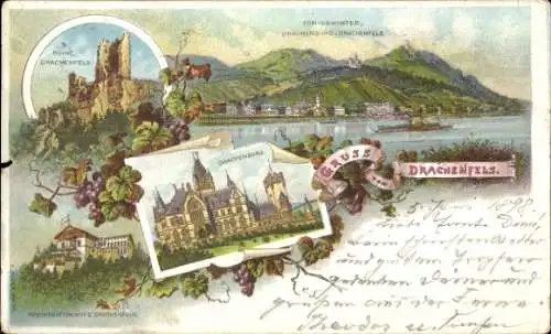 Litho Königswinter am Rhein, Panorama, Ruine Drachenfels, Drachenburg