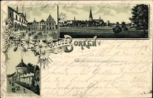 Litho Borken in Westfalen, Gesamtansicht, Marktplatz, Ehemaliger Festungsturm