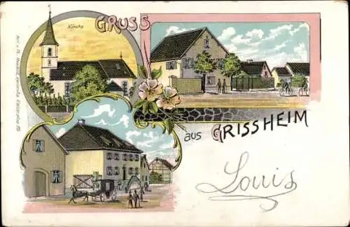 Litho Grissheim Grißheim Neuenburg am Rhein Baden, Kirche, Teilansichten