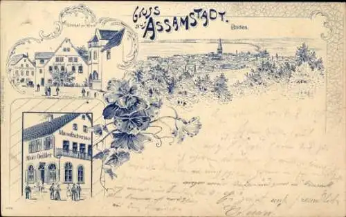 Litho Assamstadt in Tauberfranken Baden, Gasthof zur Krone, Geschäftshaus Alois Deißler