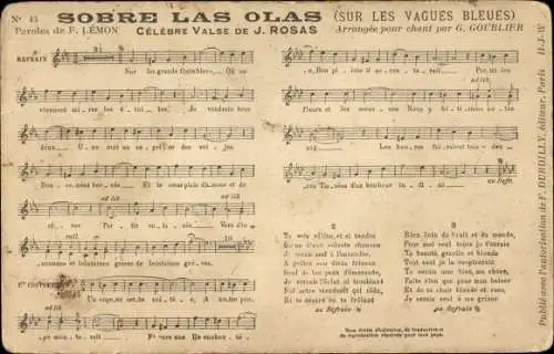 Lied CPA Sobre las Olas, Celebre Valsse de J. Rosas, Paroles de F. Lemon