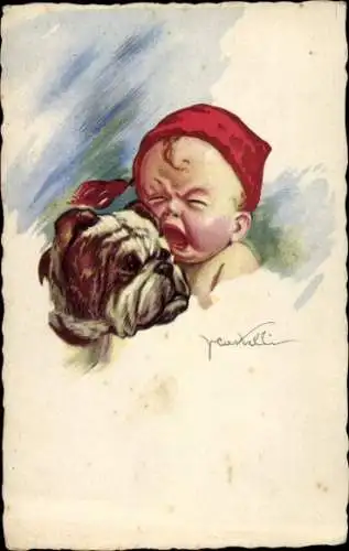 Künstler Ak Weinendes Baby, Bulldogge