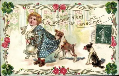 Passepartout Ak Mädchen von Hund gebissen, Glücksklee, Blumen, Kitsch