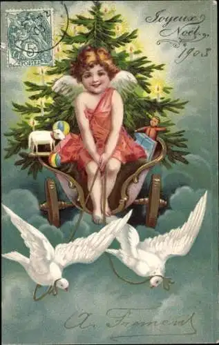 Litho Glückwunsch Weihnachten, Engel, Tannenbaum, Tauben