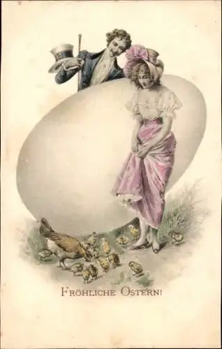 Litho Ostern, Liebespaar, Küken, Osterei