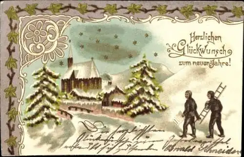 Präge Litho Fröhliches Neujahr, Wintermotiv, Kirche, Schornsteinfeger