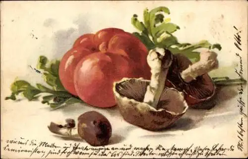 Künstler Ak Stillleben, Tomate, Pilze