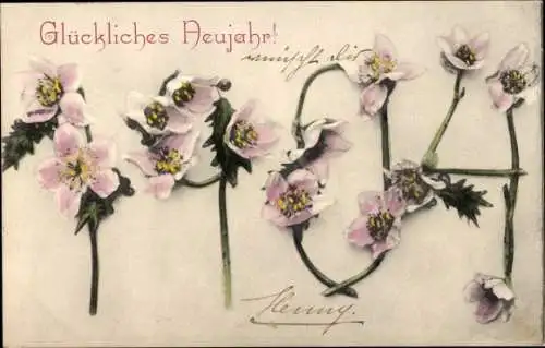 Ak  Neujahrswünsche, rosa Blumen in Form des Schriftzuges 1904