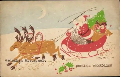 Künstler Ak Schermelé, Willy, Weihnachtsmann mit Rentierschlitten, Frohe Weihnachten