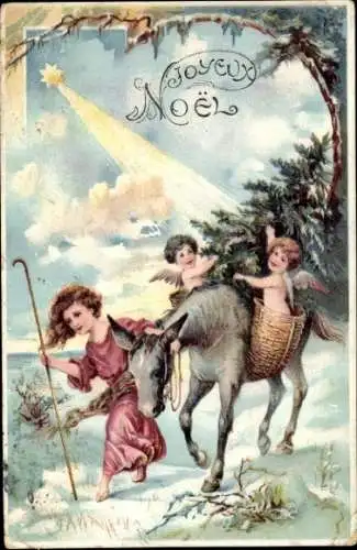 Litho Frohe Weihnachten, Engel, Gaul, Mädchen