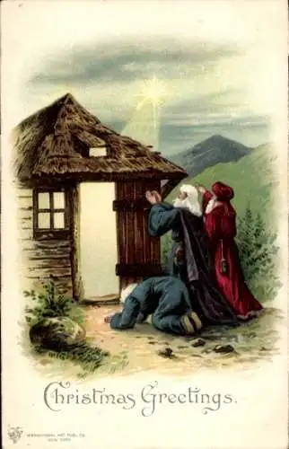 Litho Frohe Weihnachten, drei heilige Könige am Stall, betend