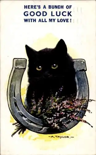 Künstler Ak Taylor, A., schwarze Katze, Hufeisen