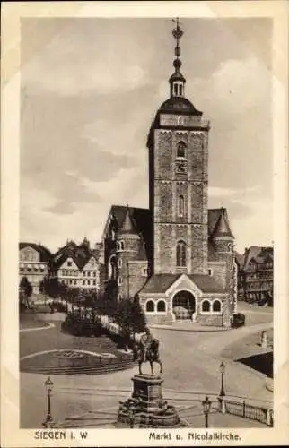 Ak Siegen in Westfalen, Nikolaikirche, Reiterstatue, Markt