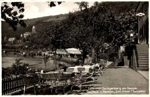 Ak Zwingenberg am Neckar Baden, Gasthaus Pension Zum Anker, Terrasse