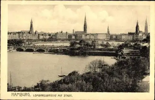 Ak Hamburg Mitte Altstadt, Lombardsbrücke, Stadtansicht, Türme, Boote