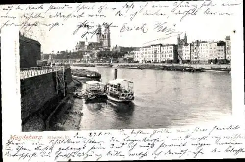 Ak Magdeburg an der Elbe, Boote, Stadtansicht, Türme, Stadt, Gebaäude, Bootsanleger