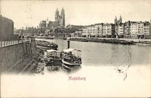 Ak Magdeburg an der Elbe, Bootsanleger, Dampfer, Dom