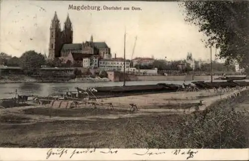 Ak Magdeburg an der Elbe, Bootsanleger, Überfahrt, Dom