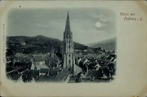 Mondschein Ak Freiburg im Breisgau, Gesamtansicht, Kirche