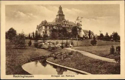 Ak Recklinghausen im Ruhrgebiet, Rathaus, Anlagen, Teich