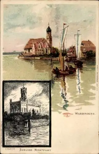 Künstler Litho Biese, C., Wasserburg am Bodensee Schwaben, Schloss Montfort, Segelboote