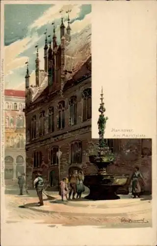 Künstler Litho Hannover in Niedersachsen, Am Marktplatz, Brunnen, Meissner & Buch 1023