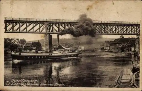 Ak Schaffhausen am Rhein Schweiz, Eisenbahnbrücke, Dampfer