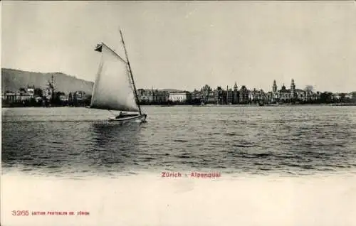 Ak Zürich Stadt Schweiz, Alpenquai, Segelboot