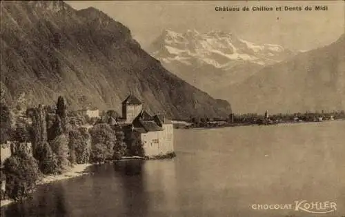 Ak Chillon Lac Léman Kt. Waadt Schweiz, Dents du Midi, Werbung Chocolat Kohler