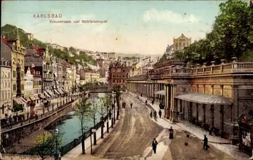 Ak Karlovy Vary Karlsbad Stadt, Veitsberg, Kreuzstrasse, Mühlbrunnquai