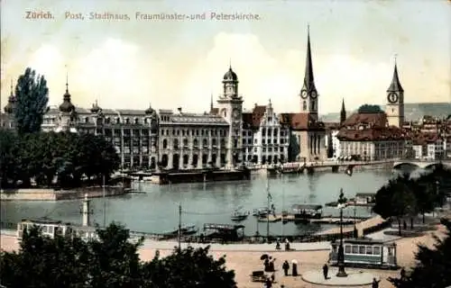 Ak Zürich Stadt Schweiz, Post, Stadthaus, Fraumünster- und Peterskirche