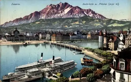 Ak Luzern Stadt Schweiz, Seebrücke und Pilatus