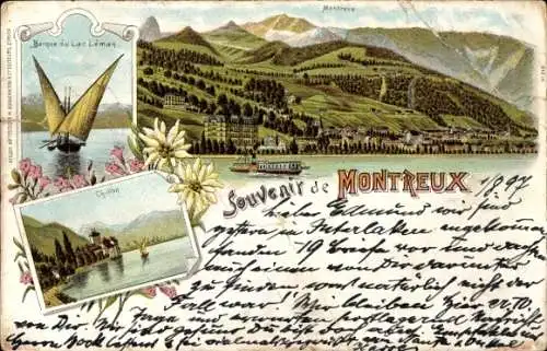 Litho Montreux Kanton Waadt Schweiz, Gesamtansicht, Segelpartie