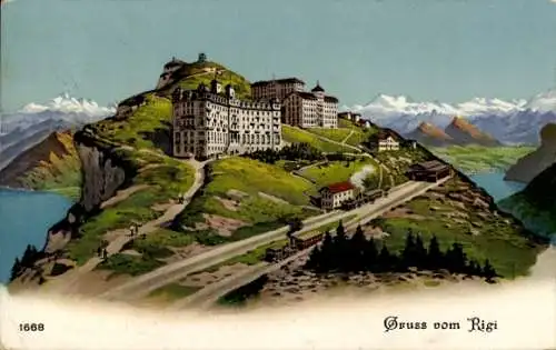 Ak Rigi First Kanton Schwyz, Kulm Hotel, Berge, Eisenbahnen