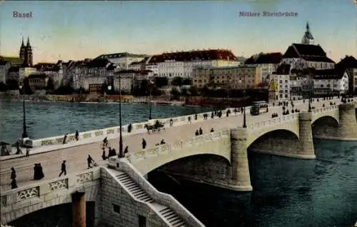 Ak Basel Bâle Stadt Schweiz,  Mittlere Rheinbrücke