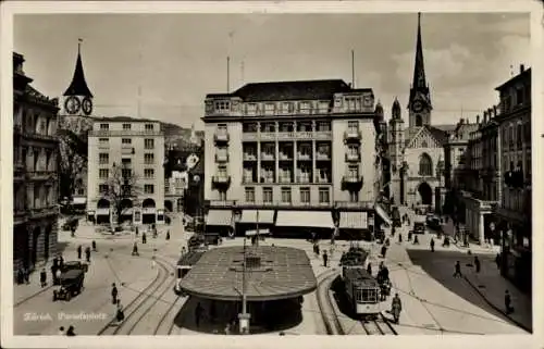 Ak Zürich Stadt Schweiz, Paradeplatz, Straßenbahn