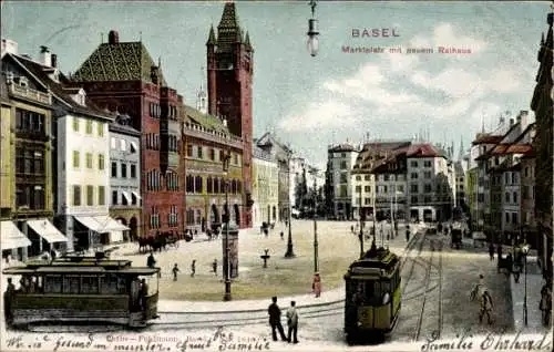 Ak Basel Bâle Stadt Schweiz, Marktplatz mit neuem Rathaus, Straßenbahn