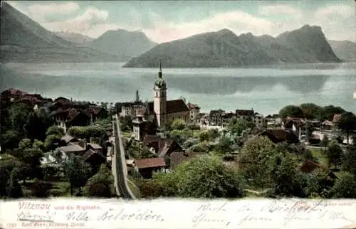 Ak Vitznau Kt. Luzern Schweiz, Panorama vom Ort und Bahnstrecke der Rigibahn