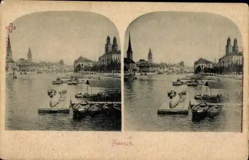 Stereo Ak Zürich Stadt Schweiz, Boote am Anleger, Stadt