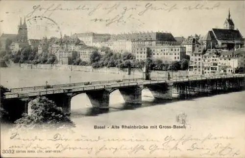 Ak Basel Bâle Stadt Schweiz, Alte Rheinbrücke, Groß-Basel